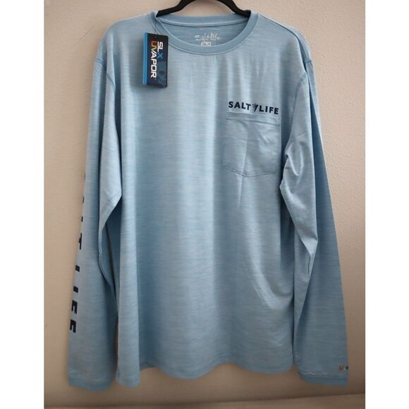 Salt Life Men's Sz L Sky Blue Heather Marlin Sinker Performance L/S Pocket Tee - Picture 1 of 8
